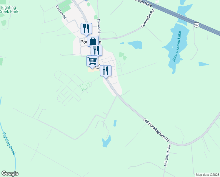 map of restaurants, bars, coffee shops, grocery stores, and more near 3829 Virginia 13 in Powhatan