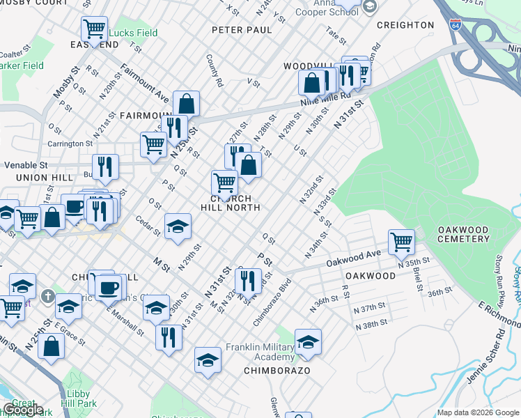 map of restaurants, bars, coffee shops, grocery stores, and more near 1133 North 31st Street in Richmond