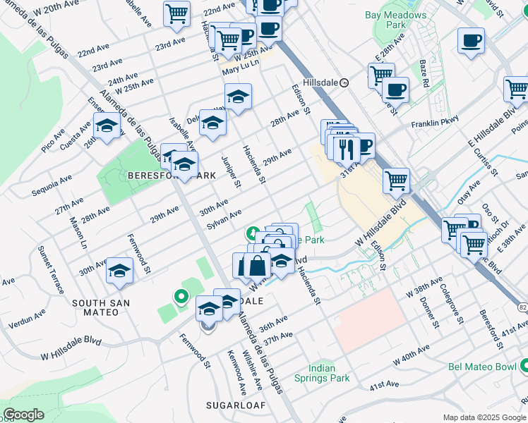 map of restaurants, bars, coffee shops, grocery stores, and more near 300 31st Avenue in San Mateo