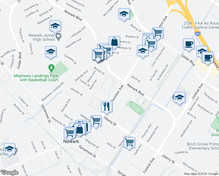 map of restaurants, bars, coffee shops, grocery stores, and more near 6123 Thornton Avenue in Newark