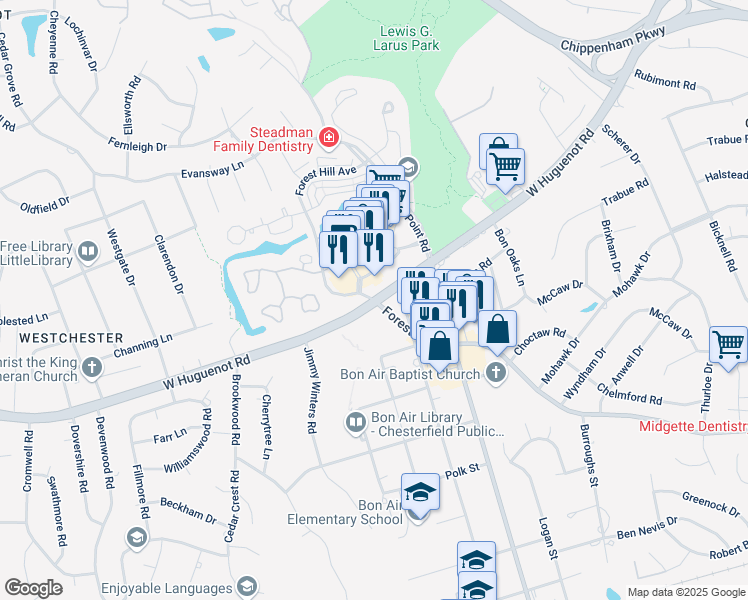 map of restaurants, bars, coffee shops, grocery stores, and more near Huguenot Road & Forest Hill Avenue in Richmond