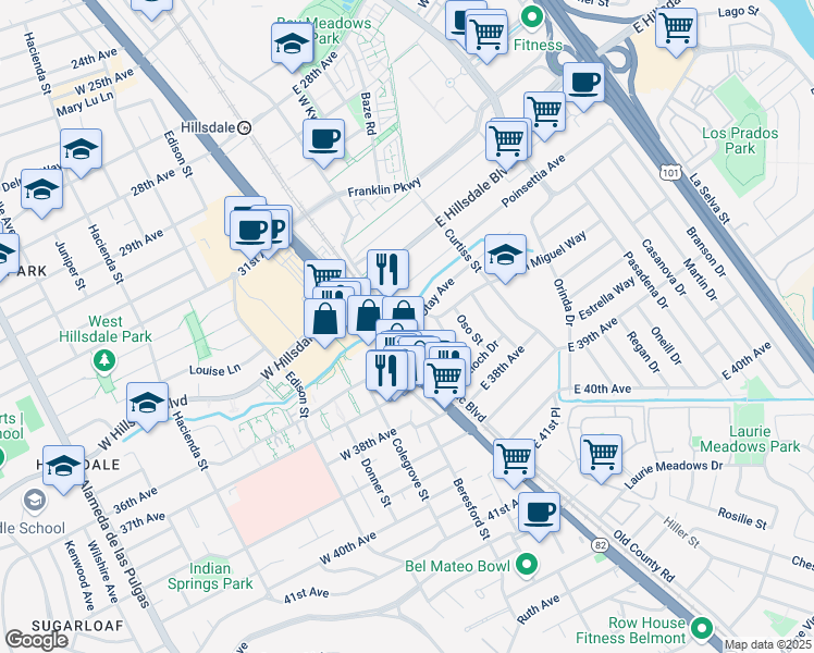 map of restaurants, bars, coffee shops, grocery stores, and more near 8 Otay Avenue in San Mateo