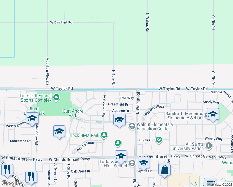 map of restaurants, bars, coffee shops, grocery stores, and more near 1931 Trail Way in Turlock