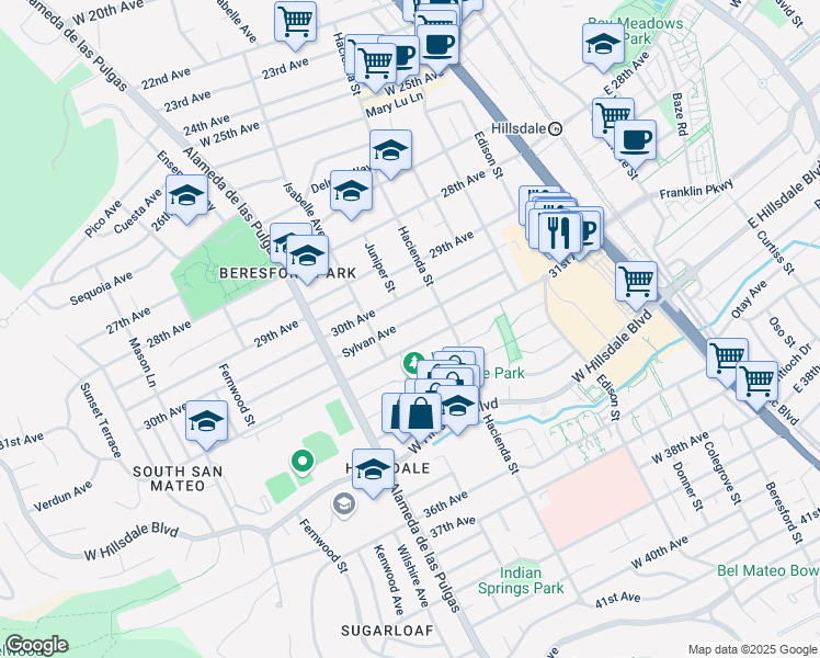 map of restaurants, bars, coffee shops, grocery stores, and more near 312 31st Avenue in San Mateo