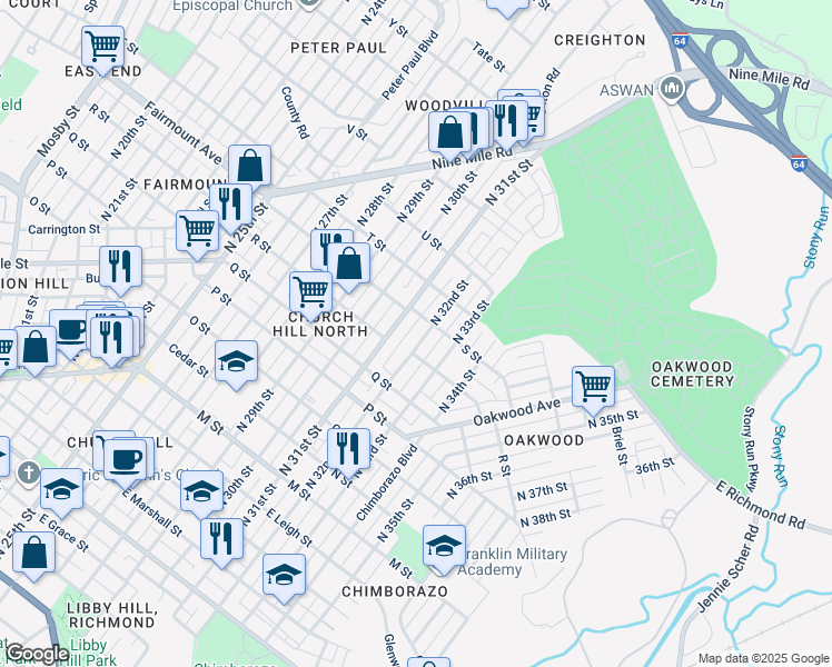 map of restaurants, bars, coffee shops, grocery stores, and more near 1218 North 32nd Street in Richmond