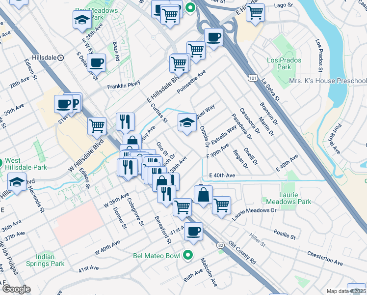 map of restaurants, bars, coffee shops, grocery stores, and more near 3700 Curtiss Street in San Mateo