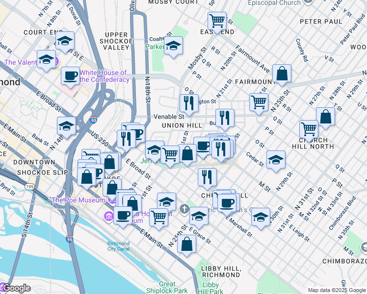 map of restaurants, bars, coffee shops, grocery stores, and more near 523 North 21st Street in Richmond