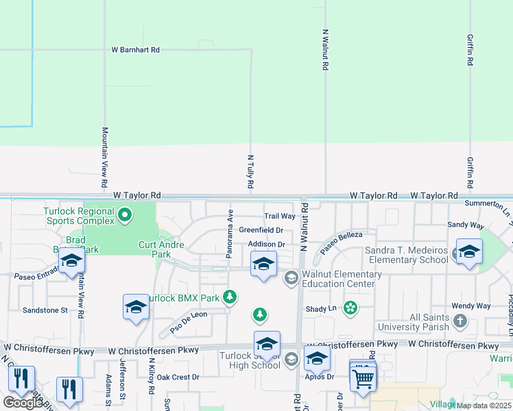map of restaurants, bars, coffee shops, grocery stores, and more near 1931 Trail Way in Turlock