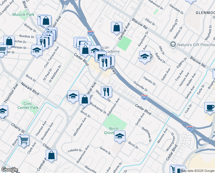 map of restaurants, bars, coffee shops, grocery stores, and more near 5635 Camass Court in Newark