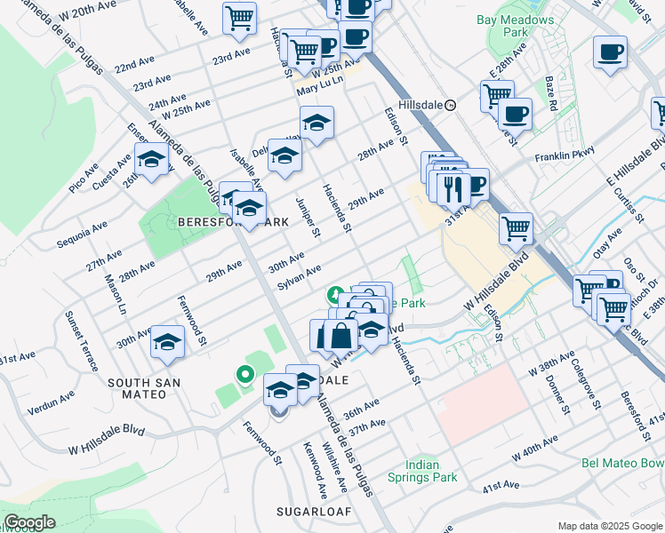map of restaurants, bars, coffee shops, grocery stores, and more near 312 31st Avenue in San Mateo