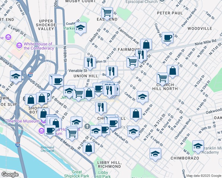 map of restaurants, bars, coffee shops, grocery stores, and more near 702 North 24th Street in Richmond