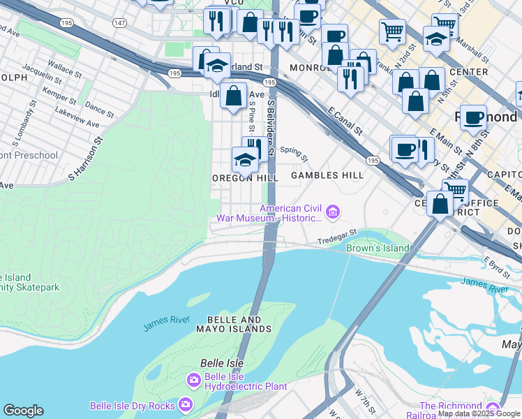 map of restaurants, bars, coffee shops, grocery stores, and more near 700 South Belvidere Street in Richmond