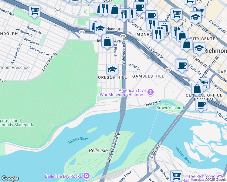 map of restaurants, bars, coffee shops, grocery stores, and more near 726 South Pine Street in Richmond