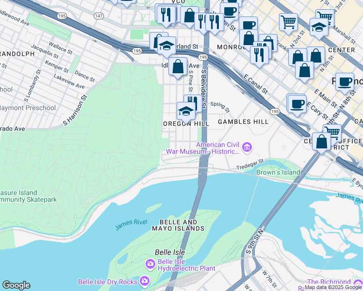 map of restaurants, bars, coffee shops, grocery stores, and more near 729 South Laurel Street in Richmond