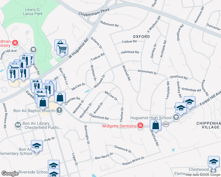 map of restaurants, bars, coffee shops, grocery stores, and more near 2823 Anwell Drive in Richmond