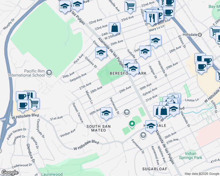 map of restaurants, bars, coffee shops, grocery stores, and more near 615 Ventura Avenue in San Mateo