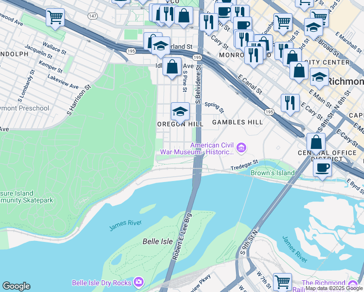map of restaurants, bars, coffee shops, grocery stores, and more near 726 South Pine Street in Richmond