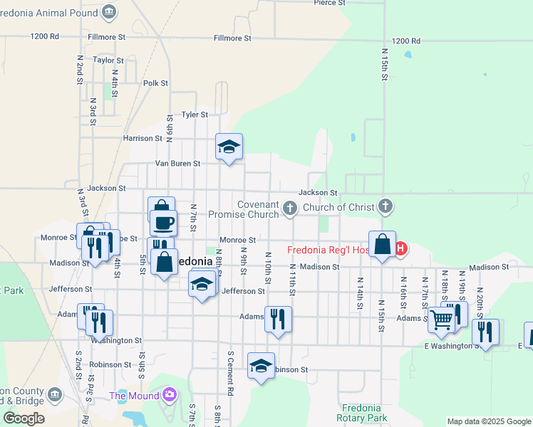 map of restaurants, bars, coffee shops, grocery stores, and more near 1000-1048 Quincy Street in Fredonia