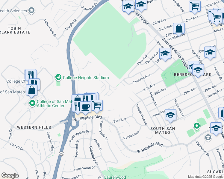map of restaurants, bars, coffee shops, grocery stores, and more near 2512 Sage Street in San Mateo