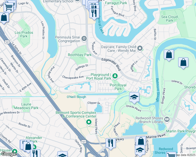 map of restaurants, bars, coffee shops, grocery stores, and more near 382 Biscayne Avenue in Foster City