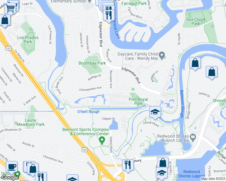 map of restaurants, bars, coffee shops, grocery stores, and more near 382 Biscayne Avenue in Foster City