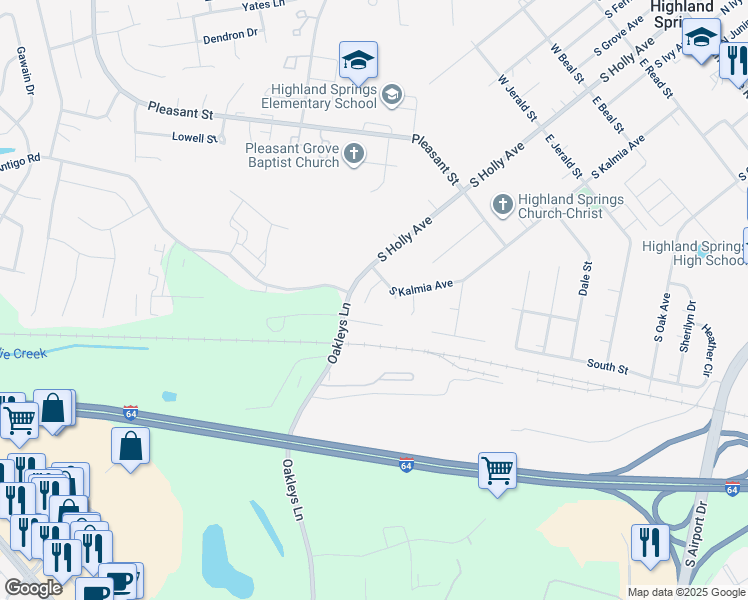 map of restaurants, bars, coffee shops, grocery stores, and more near 713 South Ivy Avenue in Highland Springs
