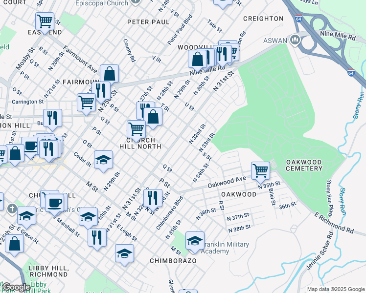 map of restaurants, bars, coffee shops, grocery stores, and more near 1222 North 32nd Street in Richmond