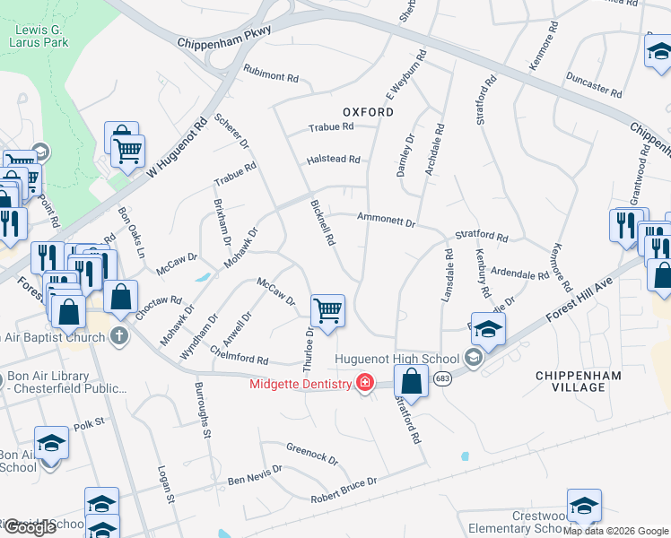 map of restaurants, bars, coffee shops, grocery stores, and more near 2800 East Weyburn Road in Richmond