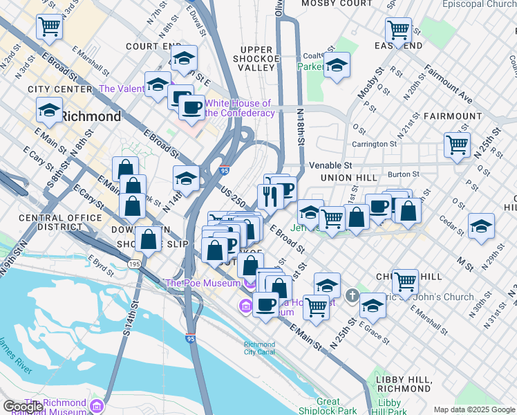 map of restaurants, bars, coffee shops, grocery stores, and more near 1710 East Broad Street in Richmond