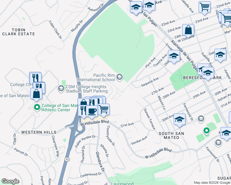 map of restaurants, bars, coffee shops, grocery stores, and more near 2425 Willow Way in San Mateo