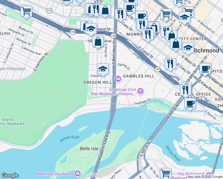 map of restaurants, bars, coffee shops, grocery stores, and more near 700 S Belvidere St in Richmond