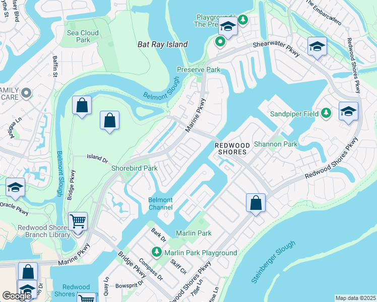 map of restaurants, bars, coffee shops, grocery stores, and more near 314 Sea Cliff Lane in Redwood City