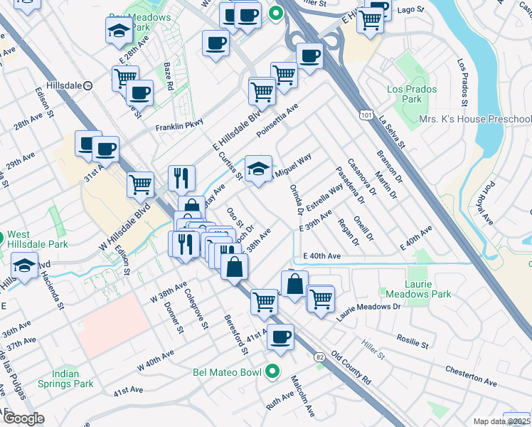 map of restaurants, bars, coffee shops, grocery stores, and more near 3700 Curtiss Street in San Mateo