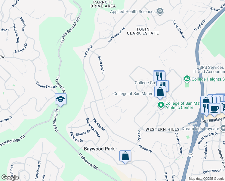 map of restaurants, bars, coffee shops, grocery stores, and more near 35 Bel Aire Court in Hillsborough