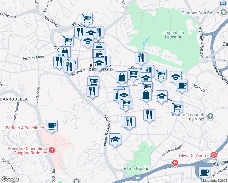 map of restaurants, bars, coffee shops, grocery stores, and more near 29 Via Francesco Guglielmino in Catania