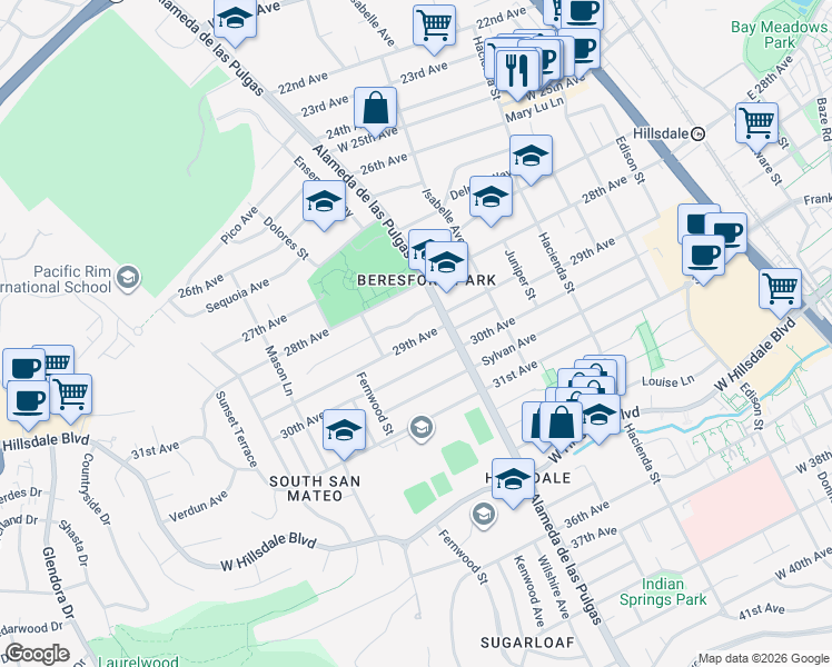 map of restaurants, bars, coffee shops, grocery stores, and more near 546 29th Avenue in San Mateo