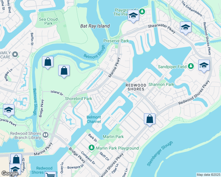 map of restaurants, bars, coffee shops, grocery stores, and more near 314 Sea Cliff Lane in Redwood City