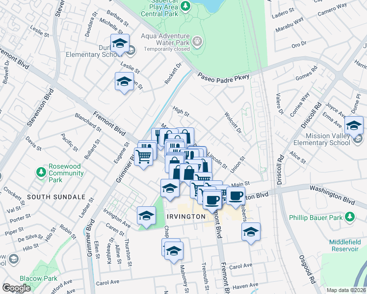 map of restaurants, bars, coffee shops, grocery stores, and more near 40753 Squill Common in Fremont