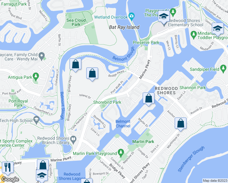 map of restaurants, bars, coffee shops, grocery stores, and more near 710 Port Walk Place in Redwood City