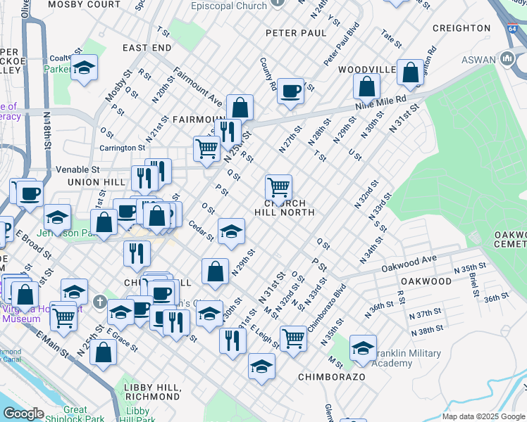 map of restaurants, bars, coffee shops, grocery stores, and more near 1011 North 28th Street in Richmond