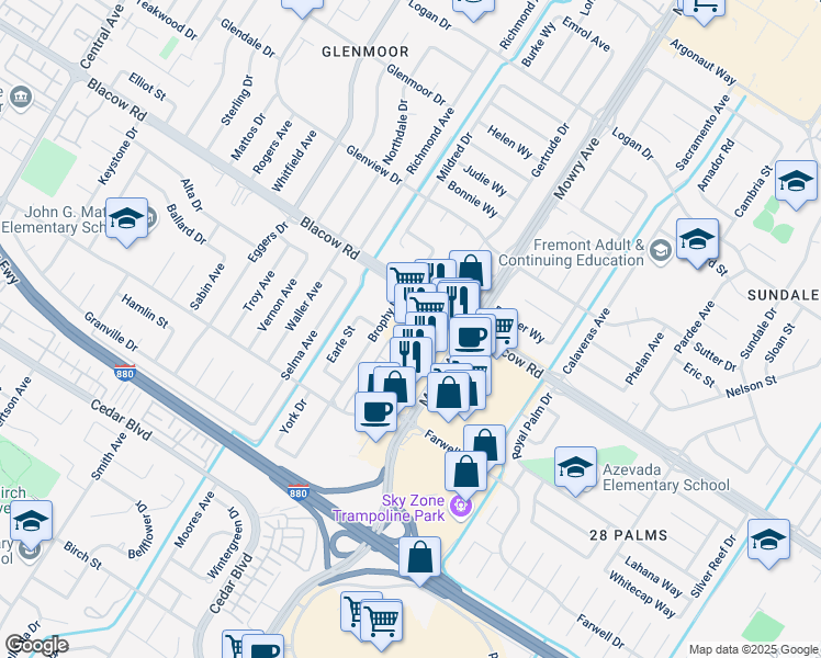 map of restaurants, bars, coffee shops, grocery stores, and more near 5115 Mowry Avenue in Fremont