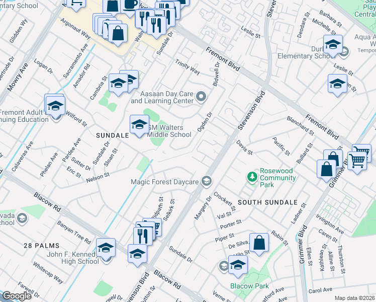 map of restaurants, bars, coffee shops, grocery stores, and more near 4436 Ogden Drive in Fremont