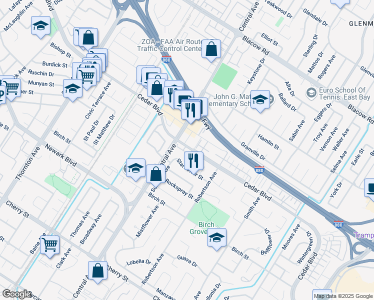 map of restaurants, bars, coffee shops, grocery stores, and more near 5635 Camass Court in Newark