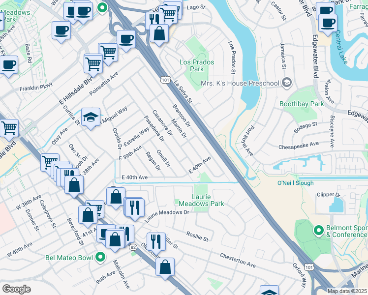 map of restaurants, bars, coffee shops, grocery stores, and more near 3965 Casanova Drive in San Mateo