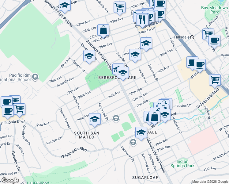 map of restaurants, bars, coffee shops, grocery stores, and more near 546 29th Avenue in San Mateo