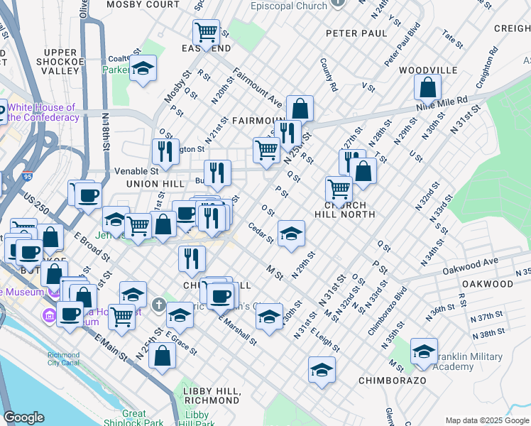 map of restaurants, bars, coffee shops, grocery stores, and more near 816 North 26th Street in Richmond