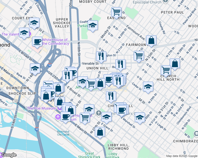 map of restaurants, bars, coffee shops, grocery stores, and more near 529 North 21st Street in Richmond
