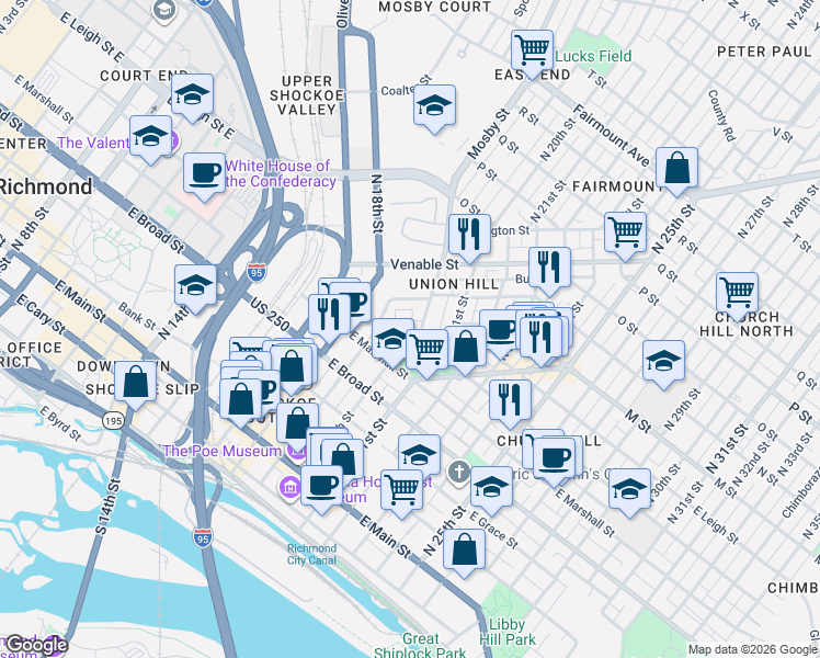 map of restaurants, bars, coffee shops, grocery stores, and more near 2002 Princess Anne Avenue in Richmond