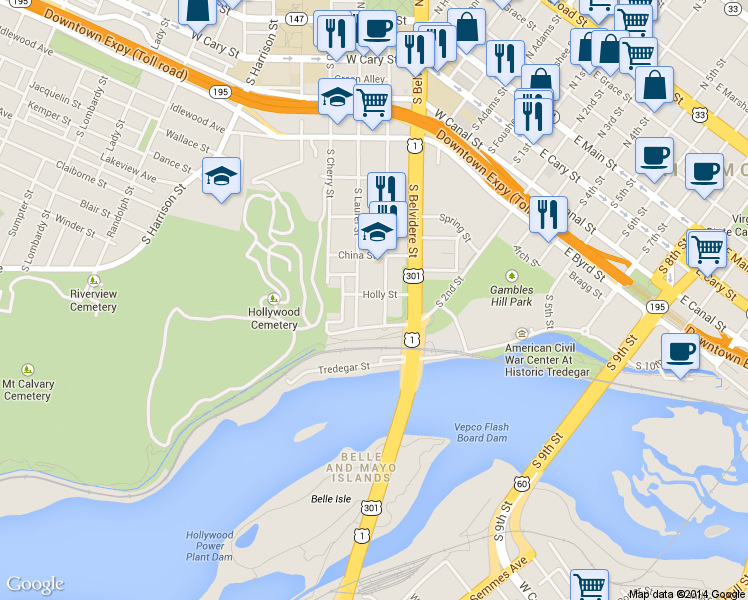map of restaurants, bars, coffee shops, grocery stores, and more near 726 South Pine Street in Richmond