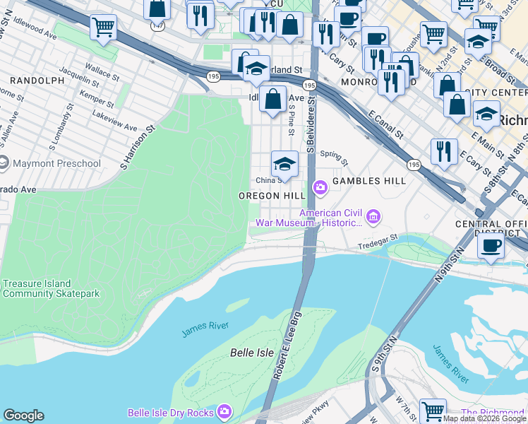 map of restaurants, bars, coffee shops, grocery stores, and more near 819 Holly Street in Richmond
